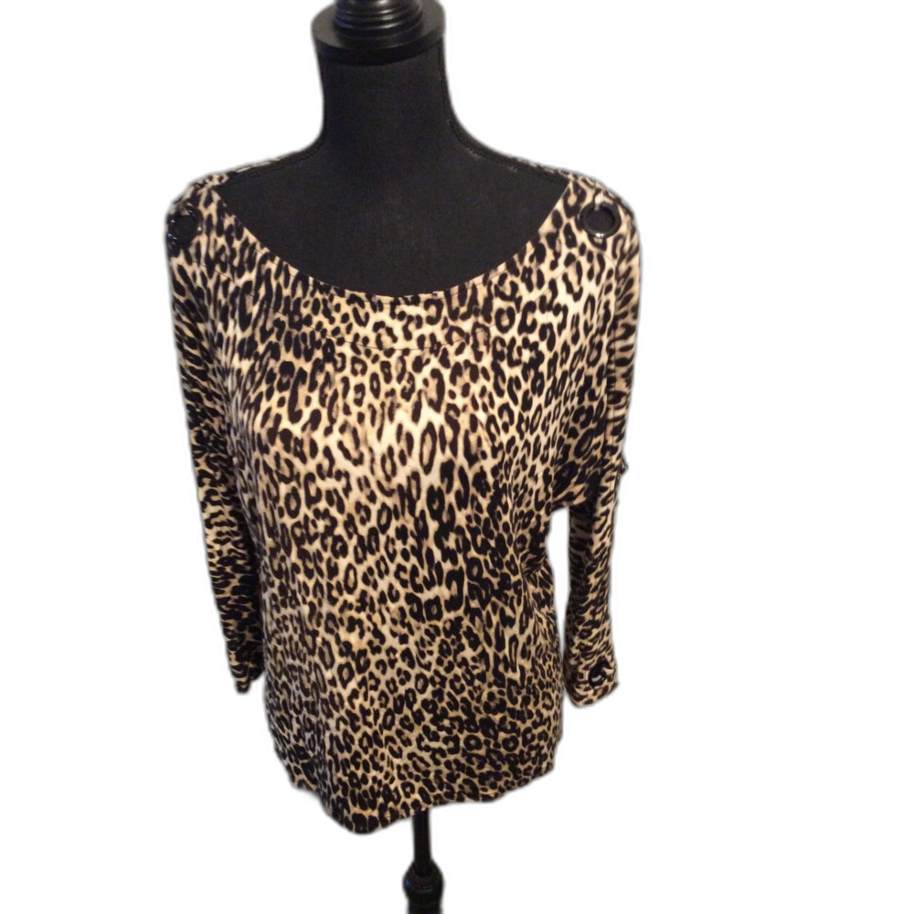 Cable & Gauge Leopard Print Animal Top Large Long Open Sleeve